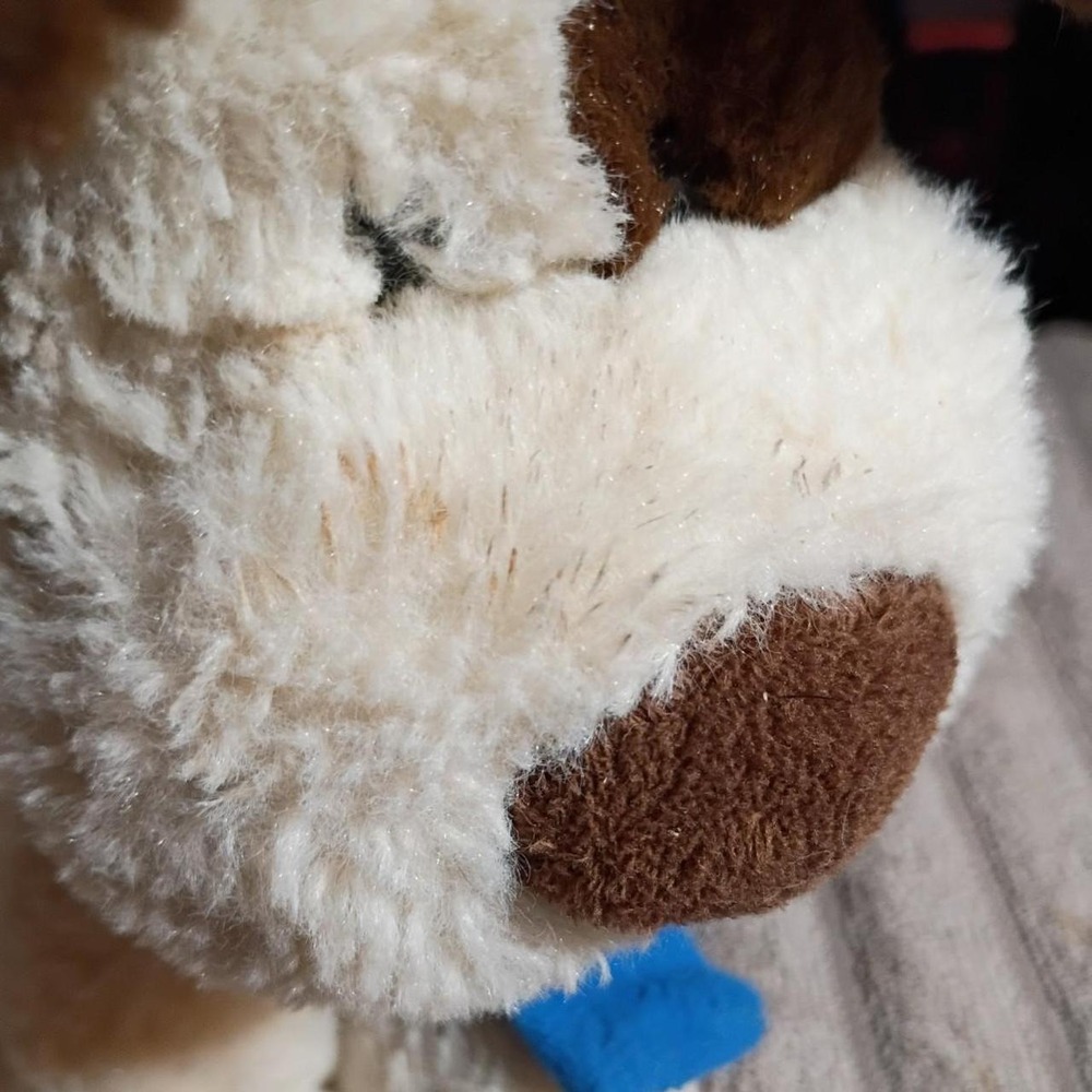 Hobby Lobby Christmas Puppy Dog Plush Cream Brown Blue Scarf 9143766 8.5in - Picture 5 of 8